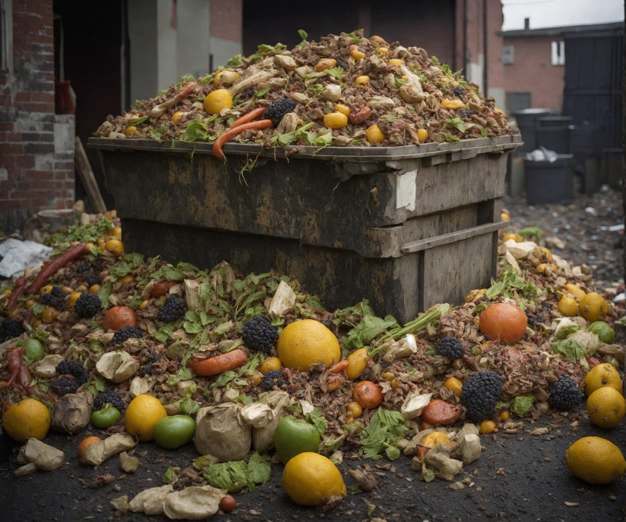 Food waste in garbage bins showing discarded fruits, vegetables and other edible items thrown away